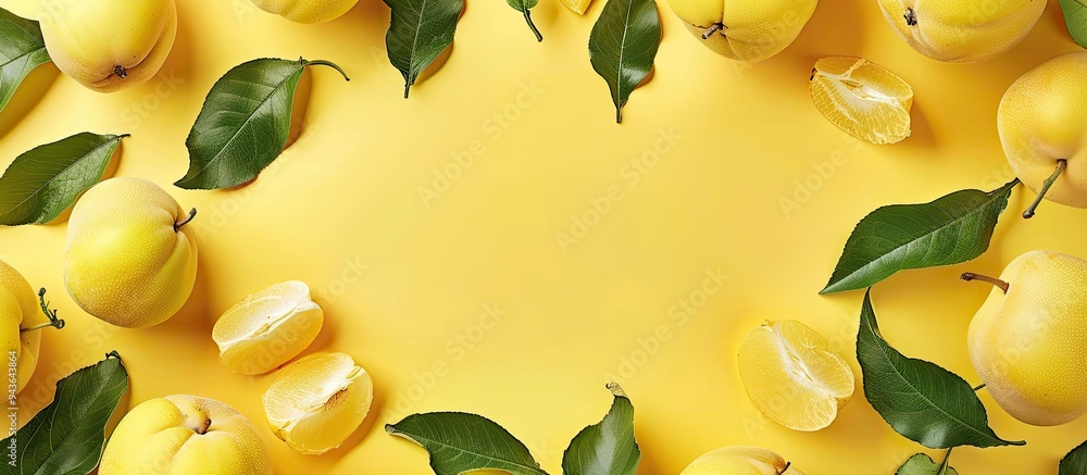 Aufkleber Yellow background with frame created using sweet ripe quinces and leaves ideal for a copy space image