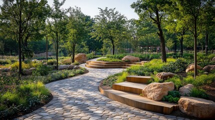 Fototapeta premium A serene green space features winding pathways, seating areas, and lush plants, perfect for relaxation and community activities.