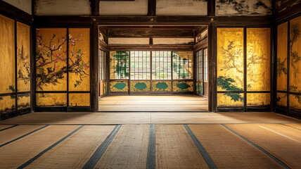 Traditional Japanese interior with intricate painted walls and tatami flooring during golden hour light