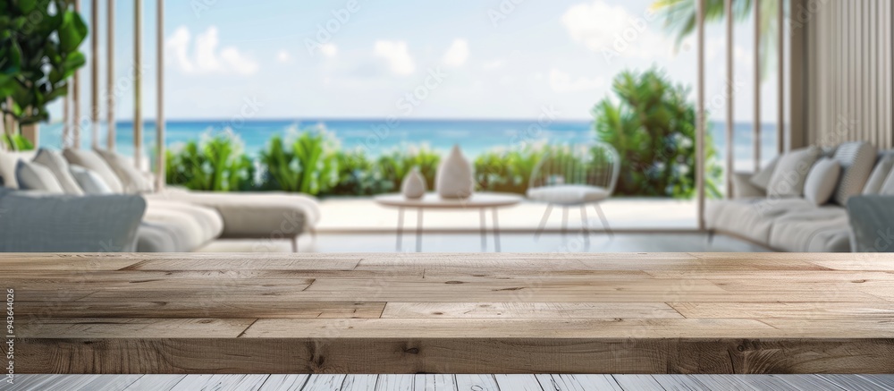 Poster blurred background of a modern coastal living room enhances the empty table top as an ideal copy spa
