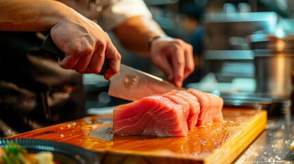 A chef is cutting up a piece of fish on a wooden cutting board