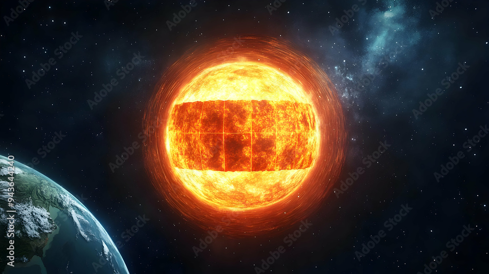 Poster a fiery sun with a grid-like structure in the middle surrounded by a ring of fire against a dark, st