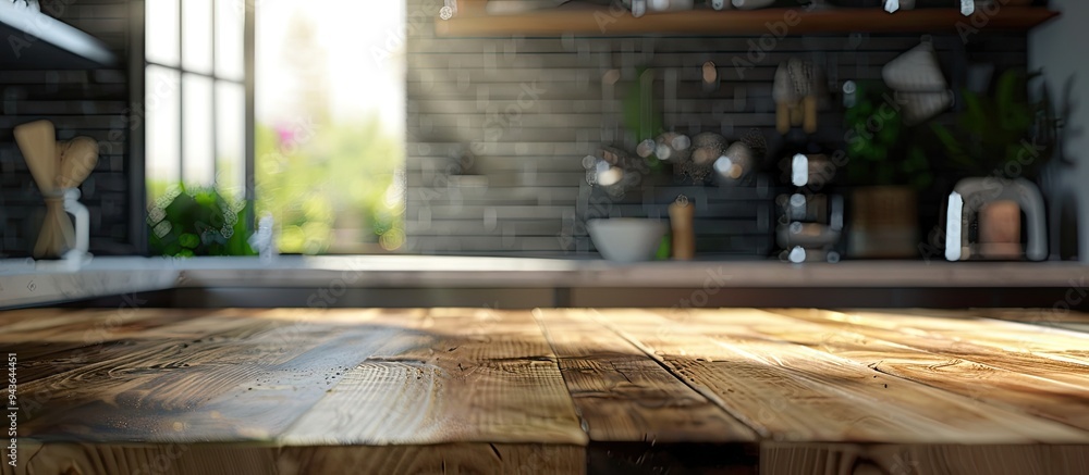 Poster blurry kitchen background with table top and copy space image