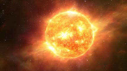Obraz premium A fiery sun with flares in space.