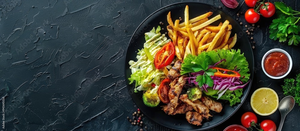 Poster Top down view of doner kebab or gyros served on a plate with fries veggies and salad on a black backdrop with ample copy space image