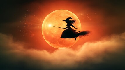 Black silhouette of witch flying on broom against the night sky, moonlit Halloween sunset