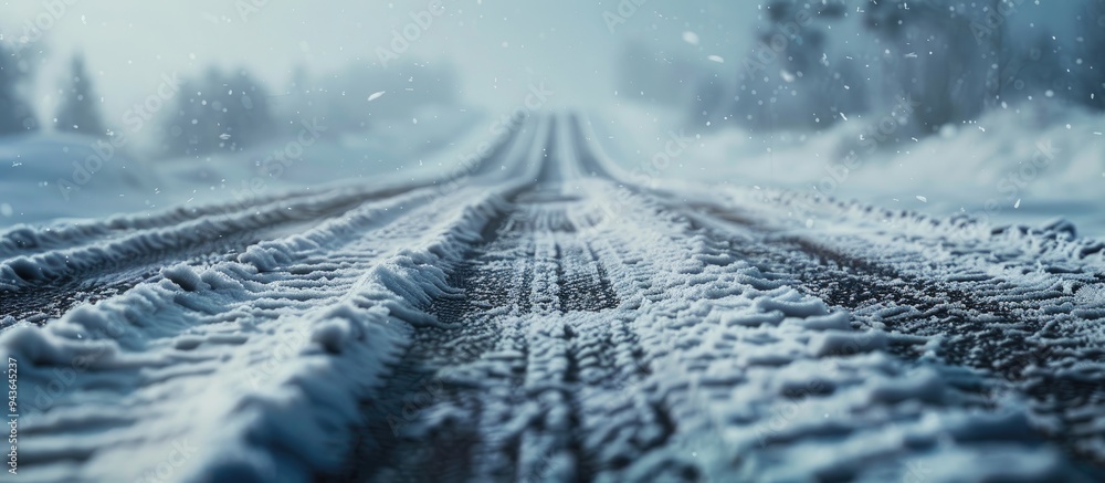Aufkleber snow covered road with tire tracks captured in the image with copy space