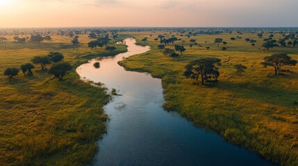 Obraz premium A tranquil river meanders through lush greenery as the sun sets, highlighting community efforts to restore the ecological balance.