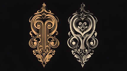 Elegant Metallic Ornamental Swirls and Flourishes on Dark Background with Intricate Baroque Design