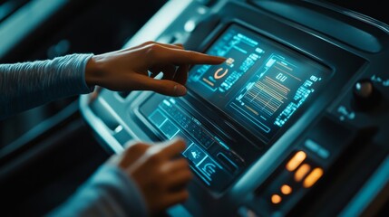 Obraz premium Close-up of a person's hands adjusting settings on a high-tech treadmill with a digital interface.
