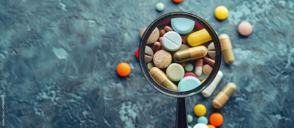 Aufkleber Magnifier showcasing various pills on a grey backdrop with a copy space image