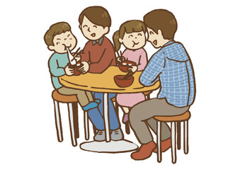お汁粉を食べる家族