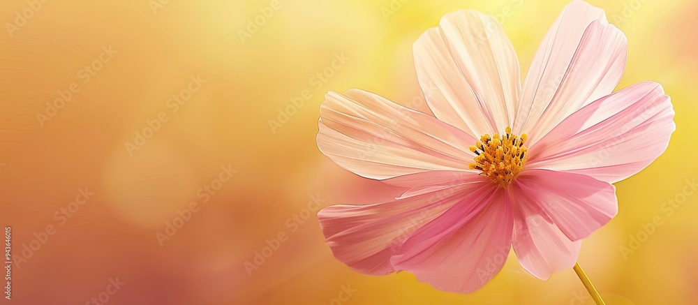 Poster fresh ecology concept with a close up soft cosmos flower on a yellow background ideal for wallpaper 