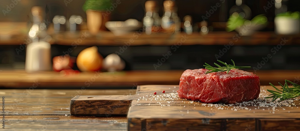 Aufkleber Uncooked beef steak displayed on a table with available copy space image