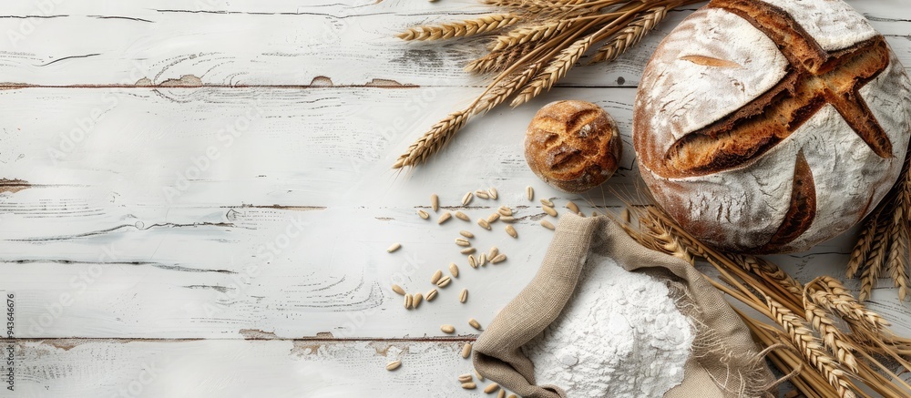 Poster Top view of a loaf of bread with wheat ears and a bag of flour on a white wooden surface creating a baking bread background with copy space image