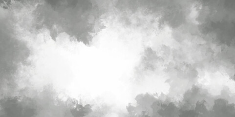 Abstract white and gray isolated cloud cumulus clouds. Gray aquarelle painted realistic fog or mist smoky textured canvas design. White and ash messy wall stucco texture background.