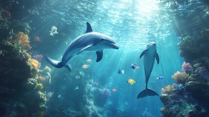 Dolphins attending a marine biology class, learning about different species of fish in a coral reef.v