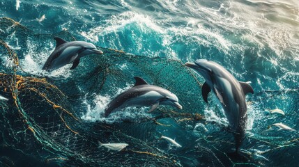 Obraz premium Dolphins promoting sustainable fishing practices in the ocean, guiding fish away from harmful nets.