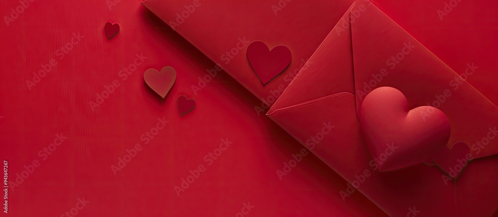 Poster Flatlay of a red happy anniversary card and a valentine s day card captured from above with copy space image