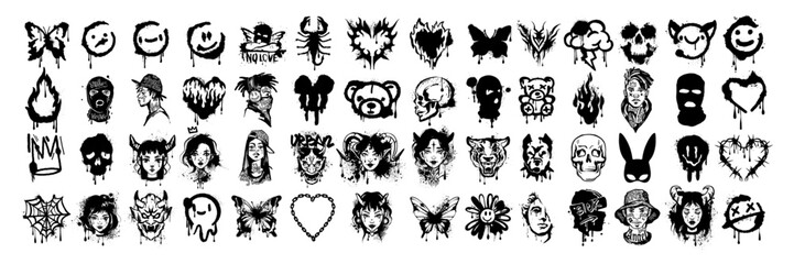 Graffiti icon set, vector grunge street art tattoo, urban splatter effect sticker, girl portrait. Underground culture character face, hand drawn ink dark sign, heart, balaclava. Graffiti icon kit © Oleksandra
