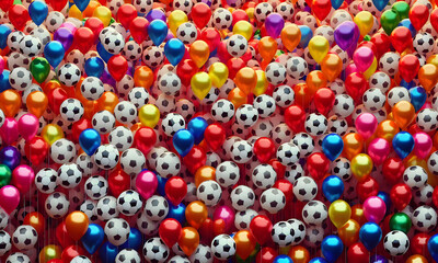 Fototapeta premium Viele bunte Luftballons und Fußßbälle angeordnet, lebendig, Muster, abstrakt, Hintergrund oder Textur