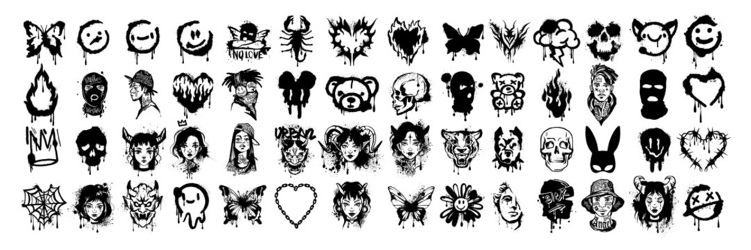Graffiti icon set, vector grunge street art tattoo, urban splatter effect sticker, girl portrait. Underground culture character face, hand drawn ink dark sign, heart, balaclava. Graffiti icon kit