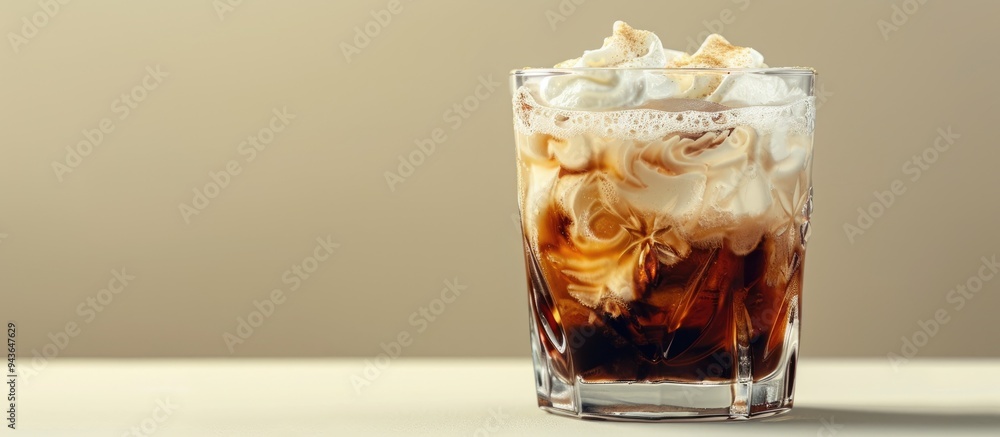 Poster detail view of a white russian alcoholic cocktail with a clear area for additional content in the im