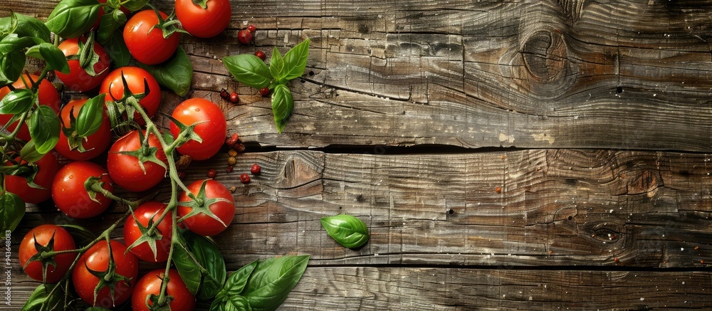 Poster fresh cherry tomatoes basil and oregano on an aged wooden rustic background with copy space image