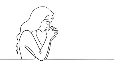 Girl praying with folded hands continuous line art drawing isolated on white background. Christian. Vector illustration