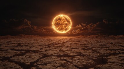 A massive, fiery sun looms over a cracked, barren landscape, creating an intense, apocalyptic atmosphere with dark clouds on the horizon.