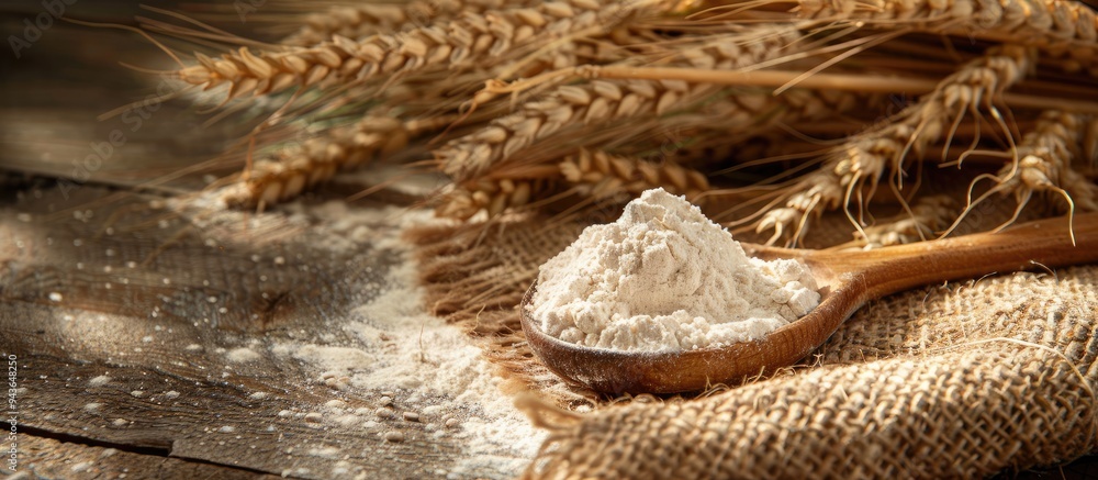 Poster A wooden spoon filled with flour on a burlap sack surrounded by wheat ears on a wooden table casting shadows in the background with copy space image