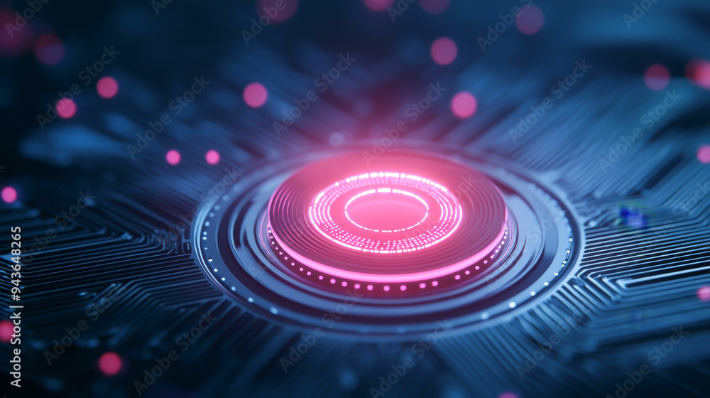 Poster a close-up of a glowing circular element on a digital circuit board, showcasing vibrant colors and i