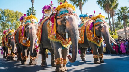 Fototapeta premium Elephants participating in a cultural parade, adorned with colorful decorations and walking in harmony.