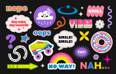 Groovy hipster retro stickers set. Collection of trendy retro patches, stickers, labels, tags, stamps. Nope, chill, vibes, nah, roller-skates, cloud.
