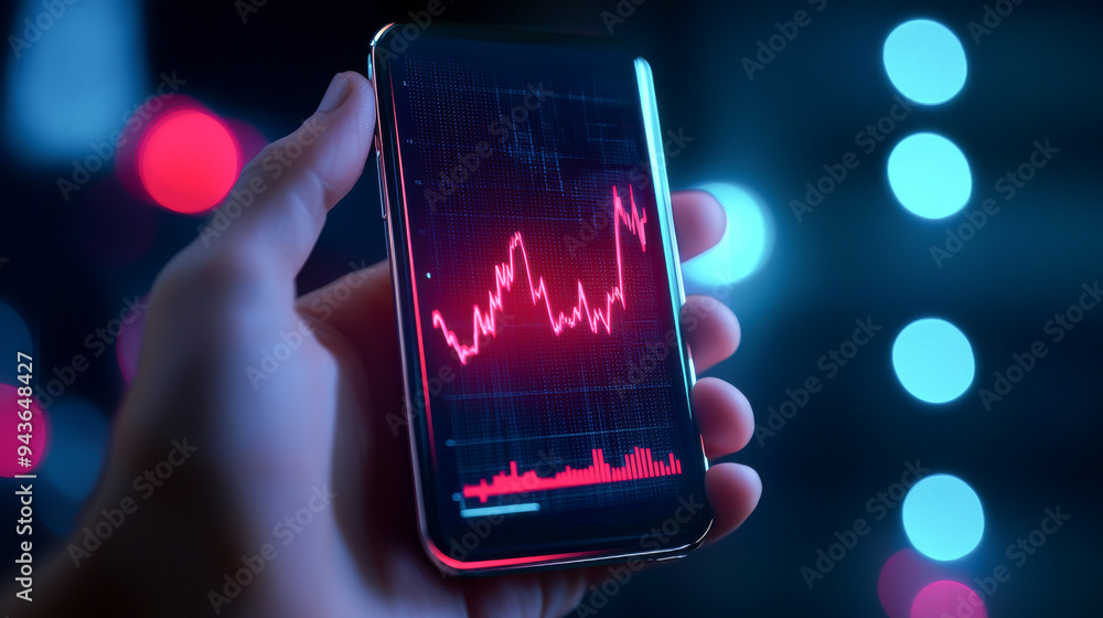Poster a close-up of a hand holding a smartphone displaying a glowing red graph against a blurred backgroun