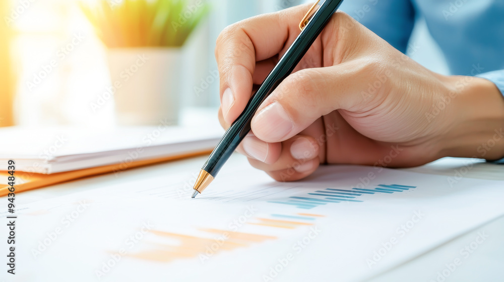 Poster a close-up of a hand holding a pen, writing on a report with graphs, symbolizing analysis and produc