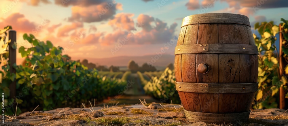 Poster Empty wooden wine barrel with a vineyard background serves as a copy space image for a product concept allowing for food drink and object placement