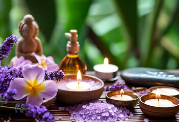 Tranquil spa scene Thai massage, lavender, candlelight, perfect summer escape.