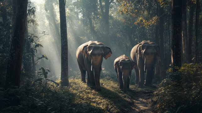 Elephants walking slowly through a forest, fully present and mindful of their surroundings.