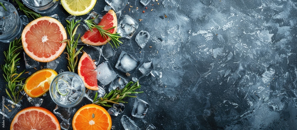 Poster Gin and tonic cocktail with ice rosemary and grapefruit on a stone table surrounded by citrus fruits with copy space image