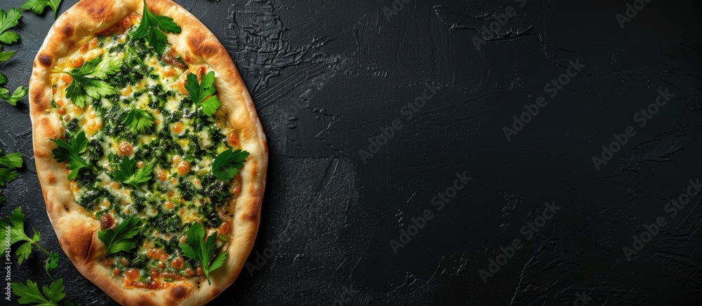 Poster top view of a gozleme a turkish flatbread filled with greens and cheese set against a black backgrou