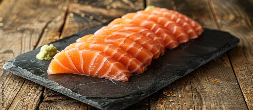 Sticker a display of fresh salmon sashimi on a black stone plate atop a wooden table featuring a background 