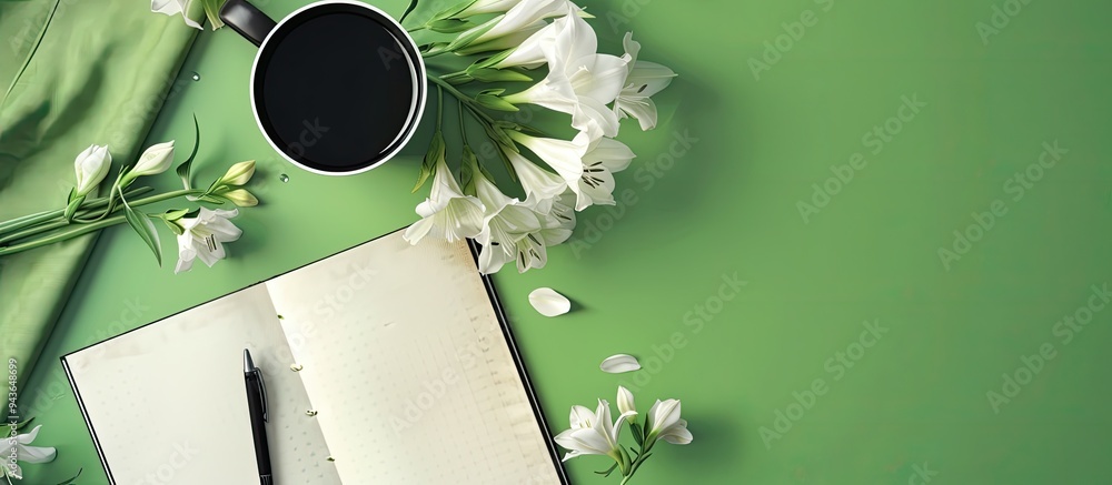 Poster festive office desk concept featuring a summer themed arrangement with an open blank notepad a black