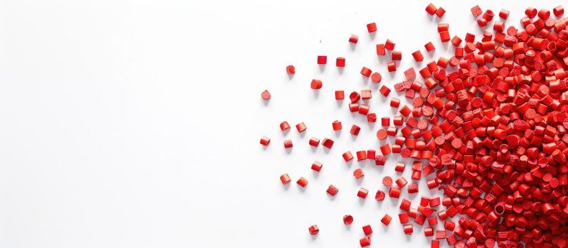 Red polymer masterbatch granules isolated on a white backdrop with copy space image