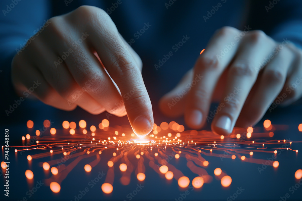 Poster a close-up view of hands interacting with glowing particles, symbolizing technology and innovation.