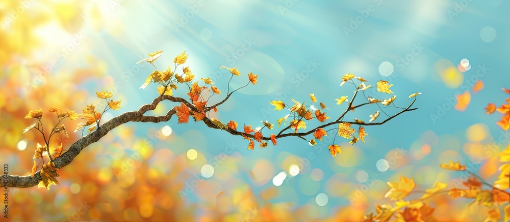 Aufkleber An autumn hued maple tree branch stands alone against a sunny blue sky backdrop with a blurred background of bright yellow and orange fall leaves perfect for a copy space image