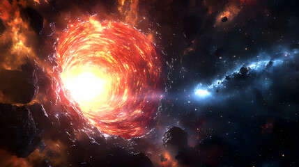 Fototapeta premium A fiery vortex in space with asteroids and a nebula in the background.