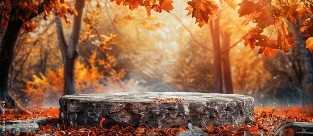 Aufkleber autumn themed podium adorned with natural stones ideal for adding copy space image