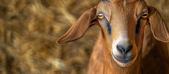 Fototapeta premium Close up of a male Nubian goat on a farm. with copy space image. Place for adding text or design