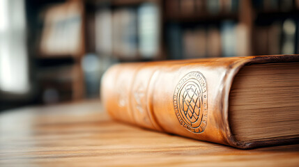 Worn leather-bound book arcane symbols ancient library